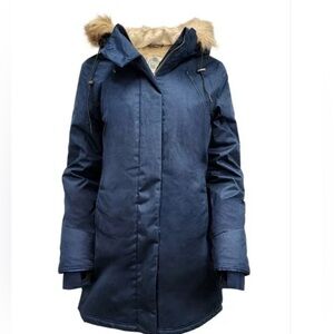 Hoodlamb Women's Blue Parka Coat with Faux Fur Trim. Xl new with tags